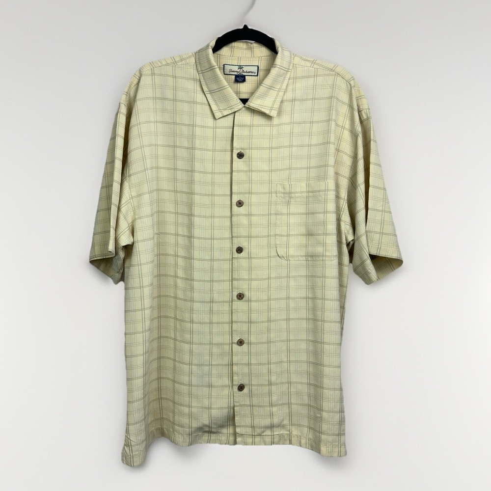 Tommy Bahama Mens Large 100% Silk Shirt Yellow Plaid Short Sleeved Button Up